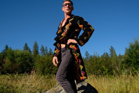 Crochet Tailcoat Rainbow and Black Stripes Wool M