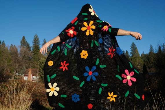 Crochet Flower Robe Black Mesh and 3-D Flowers L