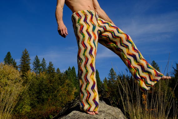 Crochet Pants Rainbow Wool ZigZags Butt Pockets XXL