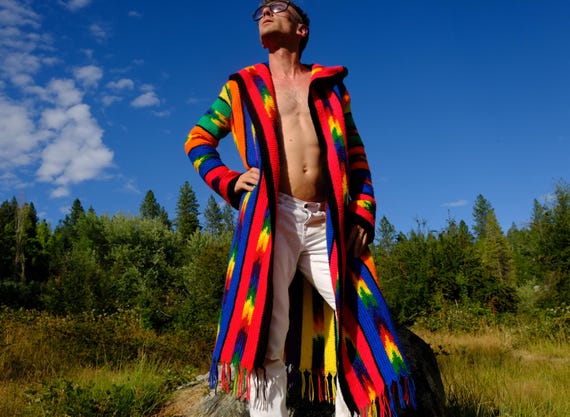 Crochet Robe Full Length Rainbow Variegated Prism Hoodie L