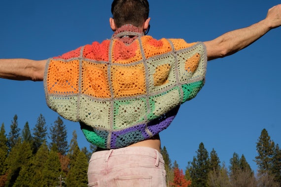 Crochet Shrug Rainbow Squares on Gray M