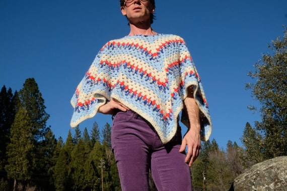 Crochet Poncho Variegated Stripes and Turtleneck