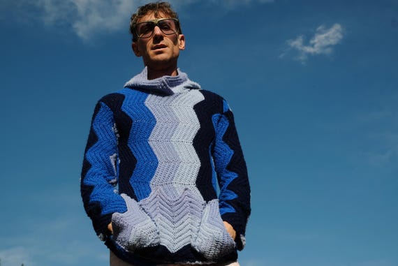 Crochet Hoodie Blue ZigZags S