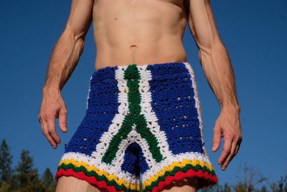 Crochet Shorts White and Green Stripes on Blue S