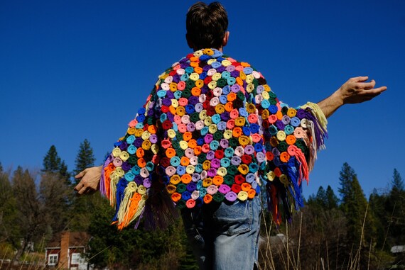 Crochet Shrug Multicolor Circles and Fringe