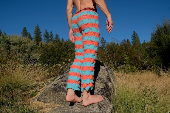 Hand Knit Pants Repurposed Mermaid Tail Orange and Turquoise Stripe S