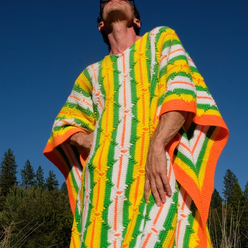 Crochet Poncho Bright Orange shops and White Stripes XL