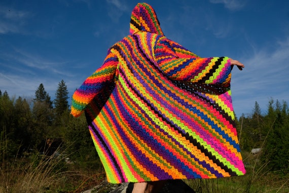 Crochet Sweater Neon Rainbow Diagonal Stripes M