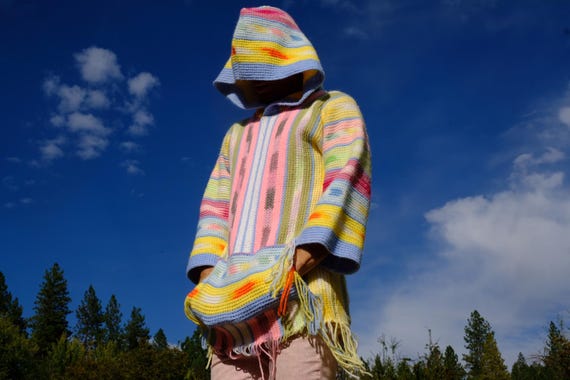 Crochet Hoodie Psychedelic Soft Pastel Stripes S Long