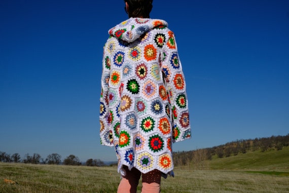 Crochet Sweater Robe Rainbow Hexagons Hoodie L