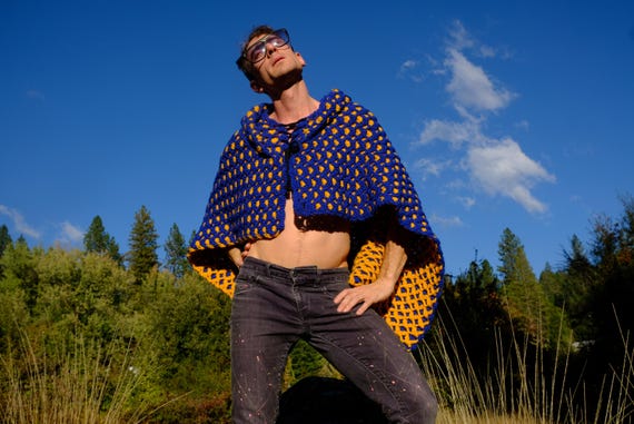 Crochet Cape Blue and Yellow Psychedelic Pattern Lace Up All Sizes