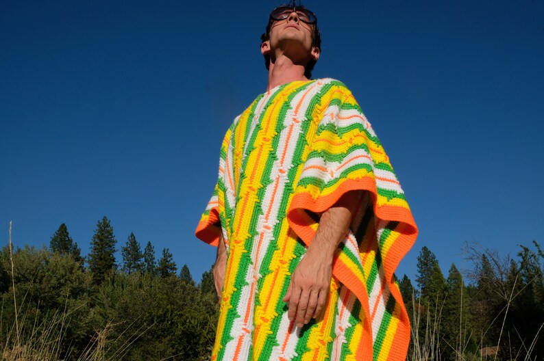 Crochet Poncho Bright Orange shops and White Stripes XL