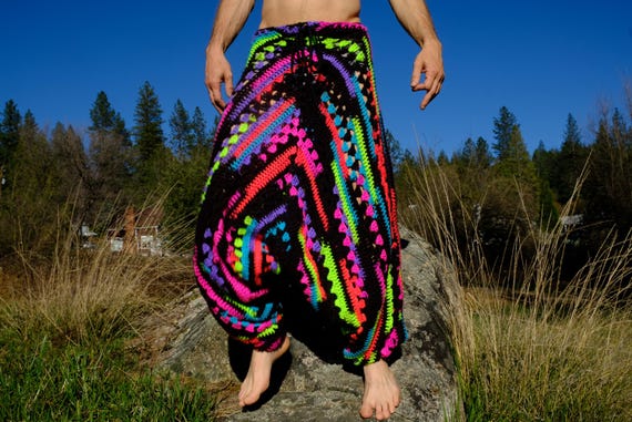 Crochet Harem Pants Neon Stripe on Black M