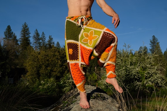 Crochet Harem Pants Flowers and Squares Orange and Green L