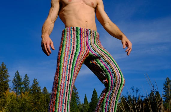 Crochet Pants Rainbow Wool Diagonal Raised Stripes L