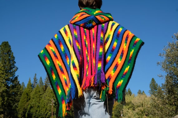 Crochet Poncho Rainbow Stripes and Fringe M