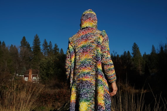 Rainbow Knit Robe 2 Tone White and Variegated Galactic Shoulders Hoodie M