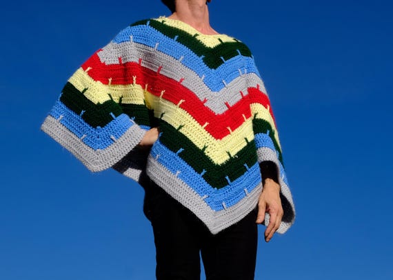 Crochet Poncho Concentric Rainbow Stripes M