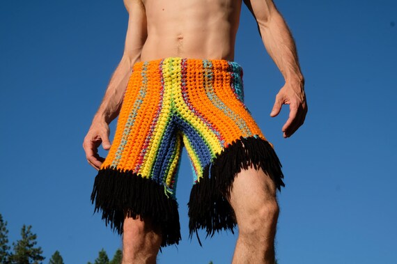 Crochet Shorts Rainbow Stripes with Fringe S