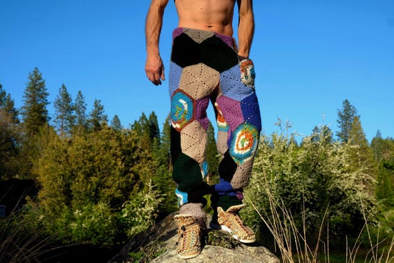 Crochet Pants Multicolor Hexagons Baggy Supercomfy L with Pocket