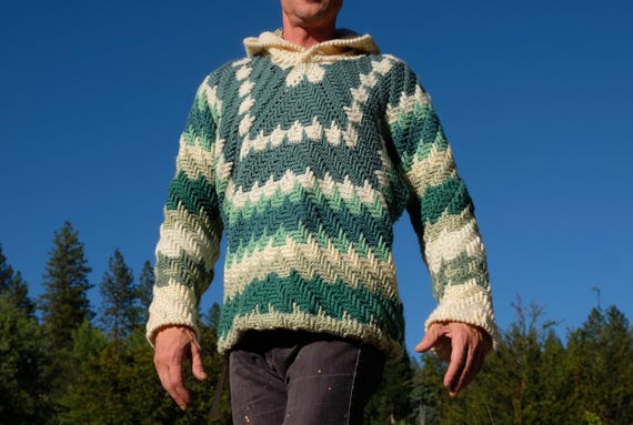 Crochet Hoodie Sage Green and Ivory Raised Interference Stripes M