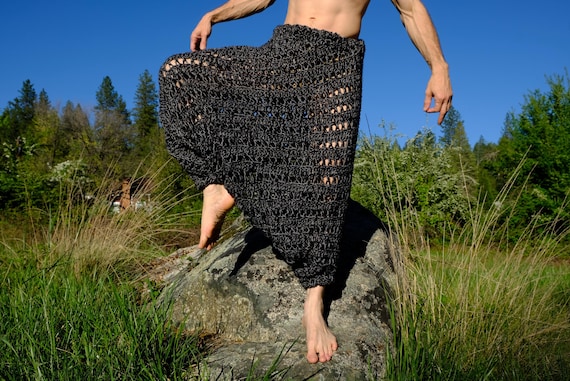 Crochet Harem Pants Black and Gray See-Through Net Baggy Pants M