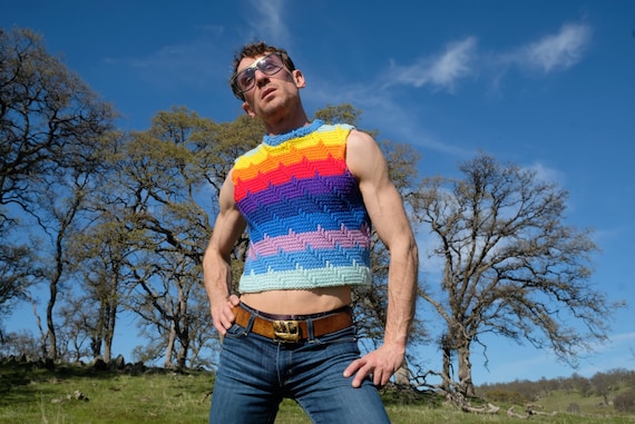 Crochet Pullover Vest Rainbow Stripes M