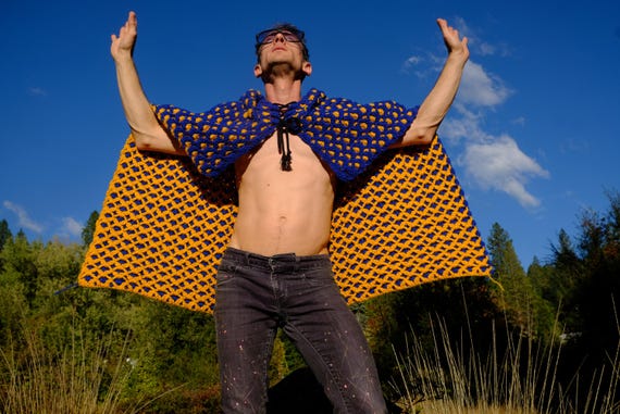 Crochet Cape Blue and Yellow Psychedelic Pattern Lace Up All Sizes