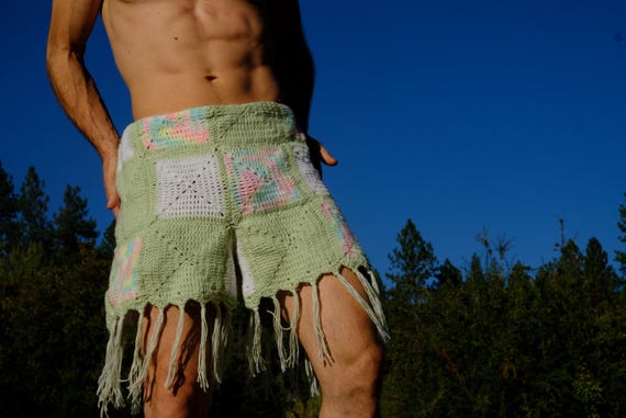 Crochet Shorts Pastel Squares and Fringe XL