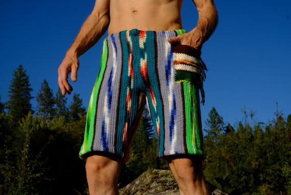 Crochet Board Shorts Southwest Stripe Fringe with Pocket M