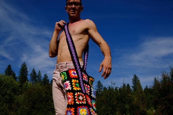 Crochet Tote Rainbow Granny Squares on Black