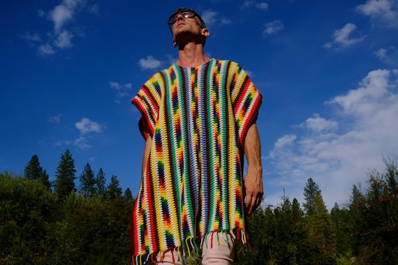 Crochet Poncho Electric Rainbow Stripes Variegated