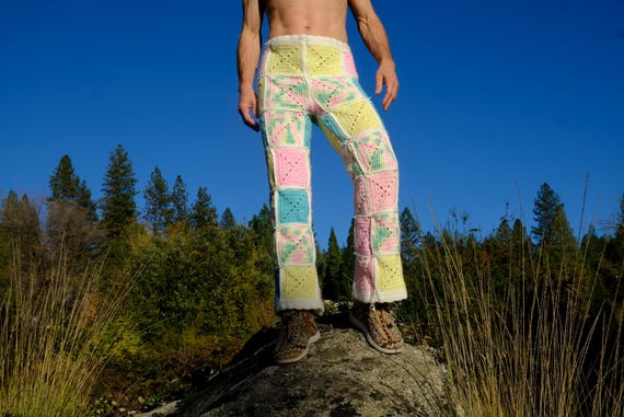 Crochet Pants Purple Flowers Squares on White M