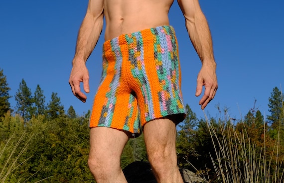 Crochet Shorts Orange Stripes and Turquoise Elastic Waist M