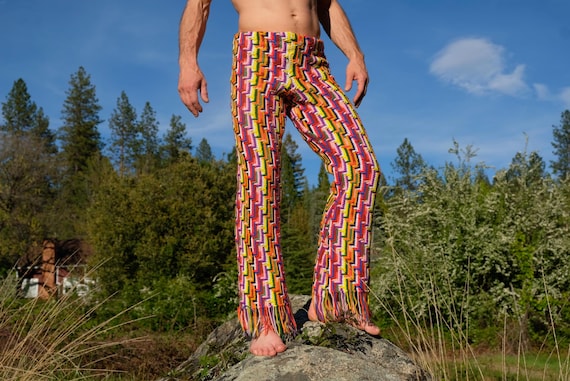 Crochet Pants Rainbow Tetris Stripe and Fringe S