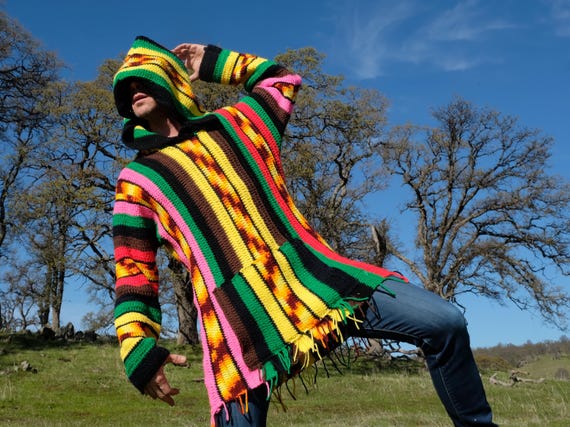 Crochet Drug Rug Neon Baja Hoodie Stripes Oversize M