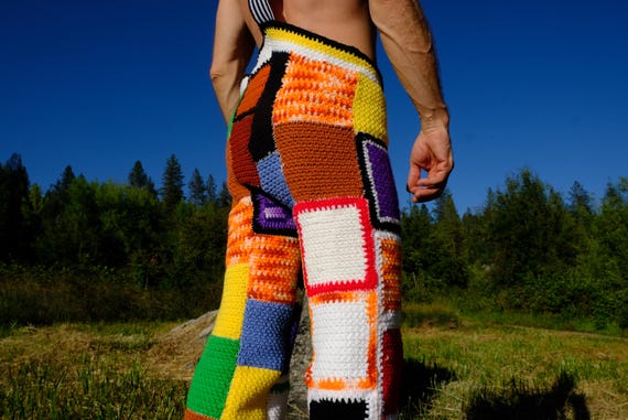 Crochet Overalls Multicolor Squares and Elastic Straps M