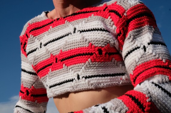 Crochet Crop Top Red White and Black Stripes S