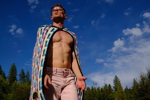 Crochet Cape Hoodie Pastel and Black Stripe