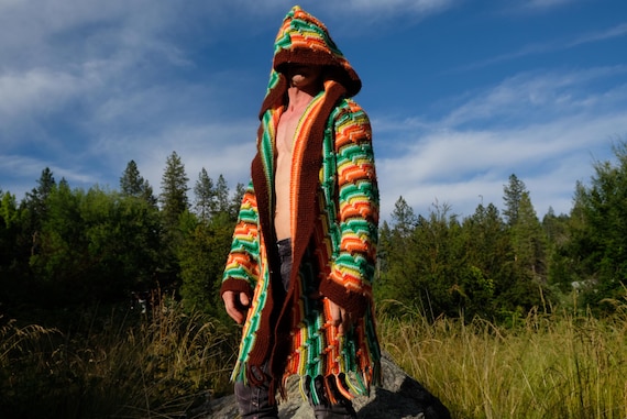 Crochet Hoodie Neon Green Orange Lightning Stripes L