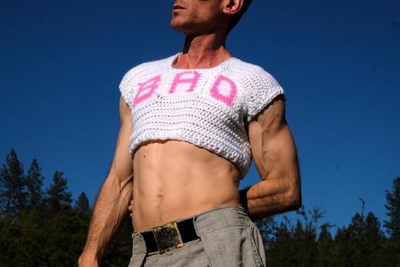 Crochet Crop Top BAD Neon Pink and White S
