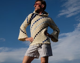 Crochet Sweater Hoodie Diagonal Blue Lines on Ivory S