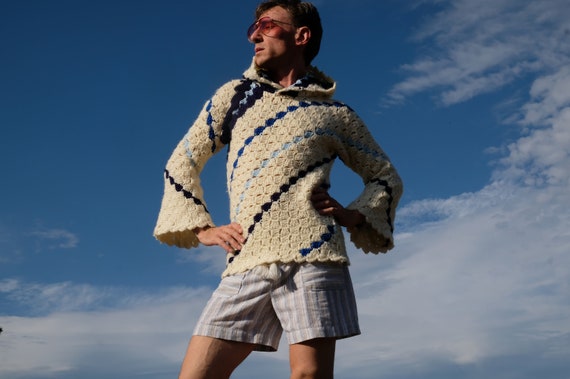 Crochet Sweater Hoodie Diagonal Blue Lines on Ivory S