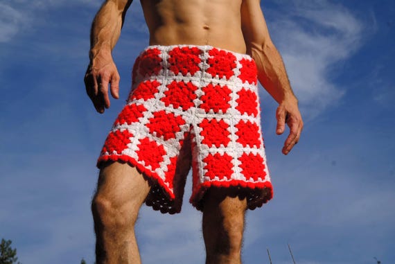Crochet Shorts Red and White Squares XL