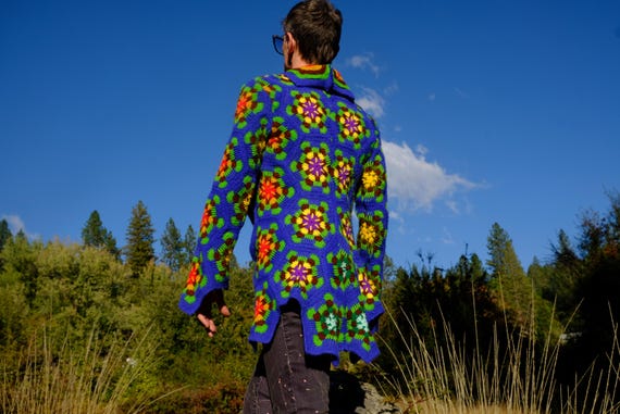 Crochet Cutaway Coat Blue Hexagon Tile Motif Rainbow S