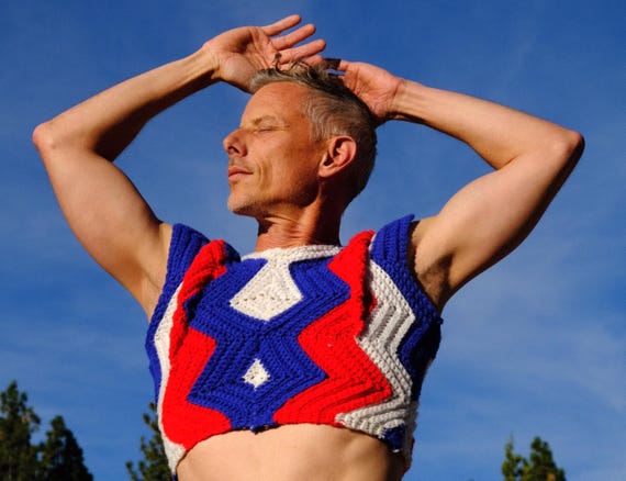 Crochet Crop Top Red White and Blue ZigZags and Wingdings XS