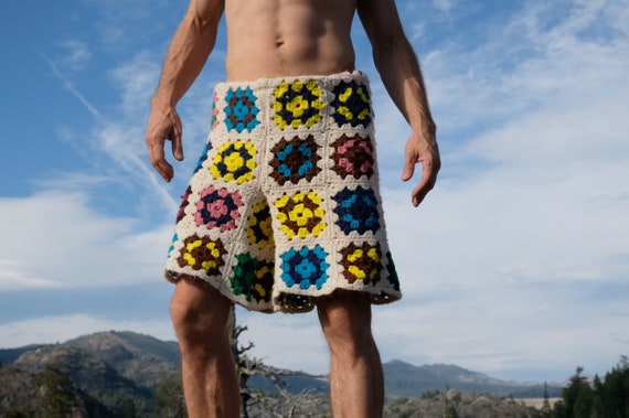 Crochet Shorts Yellow Flowers on White Squares M