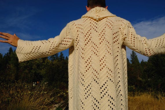 Crochet Long Sweater Duster Ivory Falling Blocks M