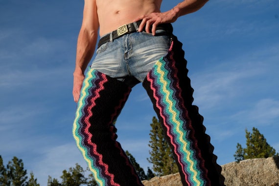 Crochet Chaps Turquoise Purple and Pink Stripes on Black S