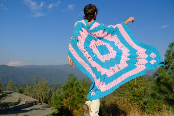Crochet Cape Turquoise Blue and Pink Shawl L